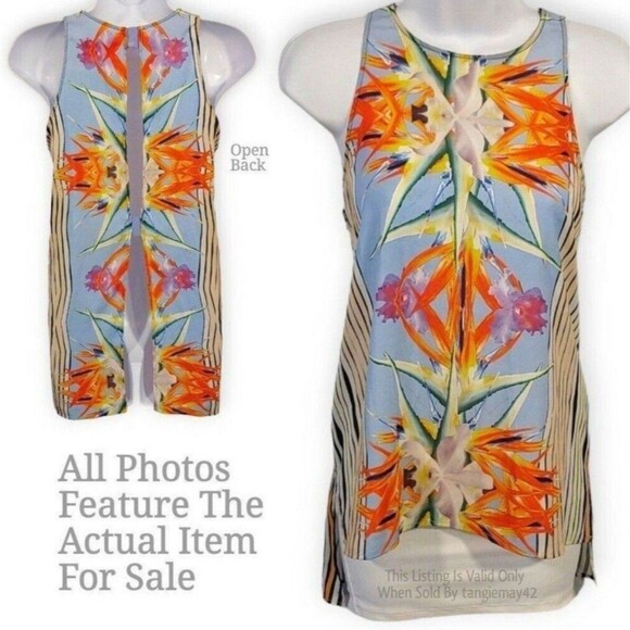 Clover Canyon Blue Tropical Bird Of Paradise Sleeveless Tunic Top Womens XS EUC - Picture 1 of 9
